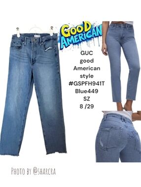 good American Women HR Stretch Jeans GSPFH941T Blue 449 Raw Hem Distressed 8 29